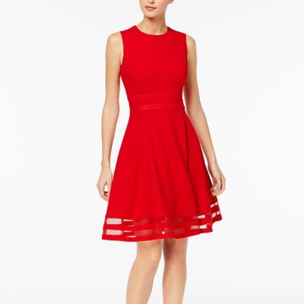Calvin Klein Red Illusion Trim Fit and Flare Dress